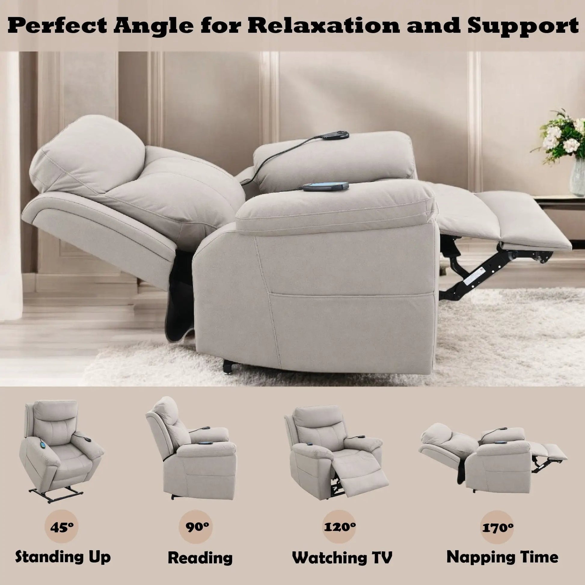 Chriki power motion recliner with lift, heating, massage chair in beige on Tampa Home & Garden Store
