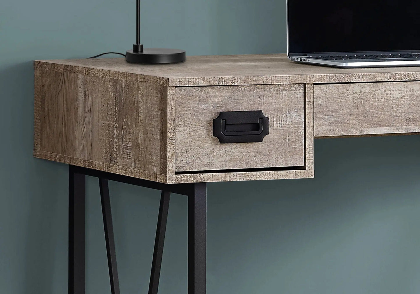 Computer desk with rustic wood finish, storage drawers and black metal legs, laptop on top on Tampa Home & Garden Store