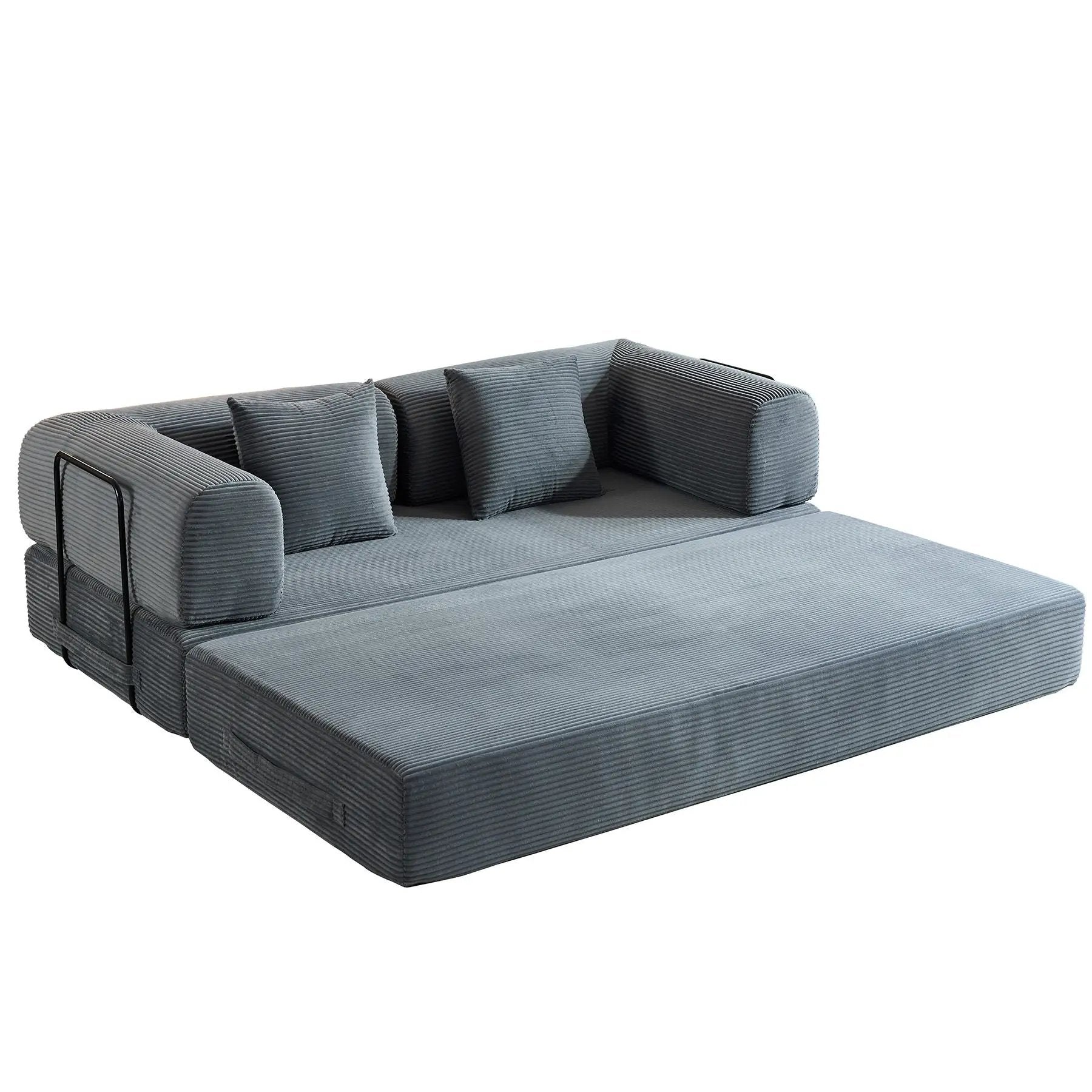 Convertible sleeper futon sofa bed in blue-gray corduroy with fixed frame and cylindrical cushion on Tampa Home & Garden Store