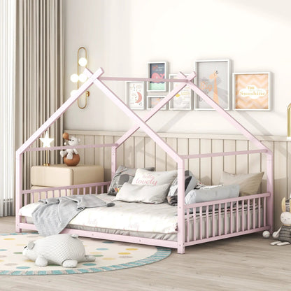 Metal House Bed canopy frame in pastel pink with cross-rail design by Unique Piece Furniture on Tampa Home & Garden Store