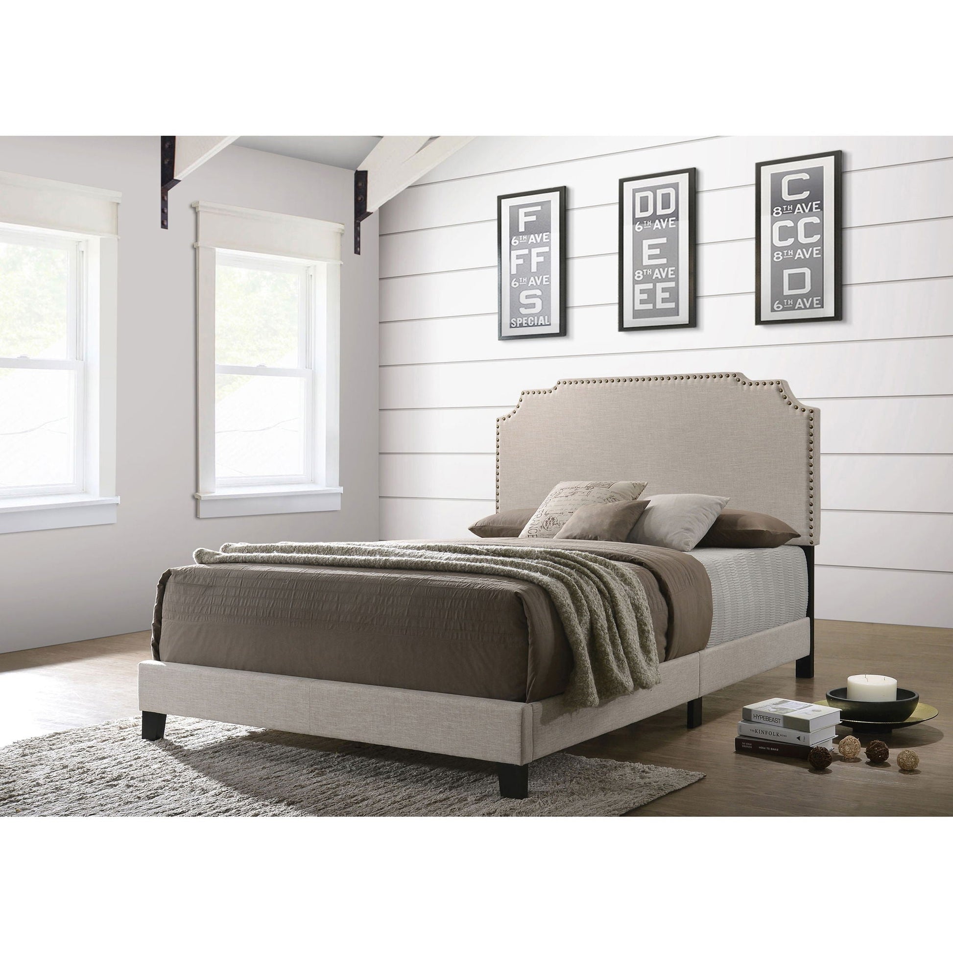 Copper Eastern King Panel Bed Beige upholstered bed by HouseOfZazla with nailhead trim on Tampa Home & Garden Store