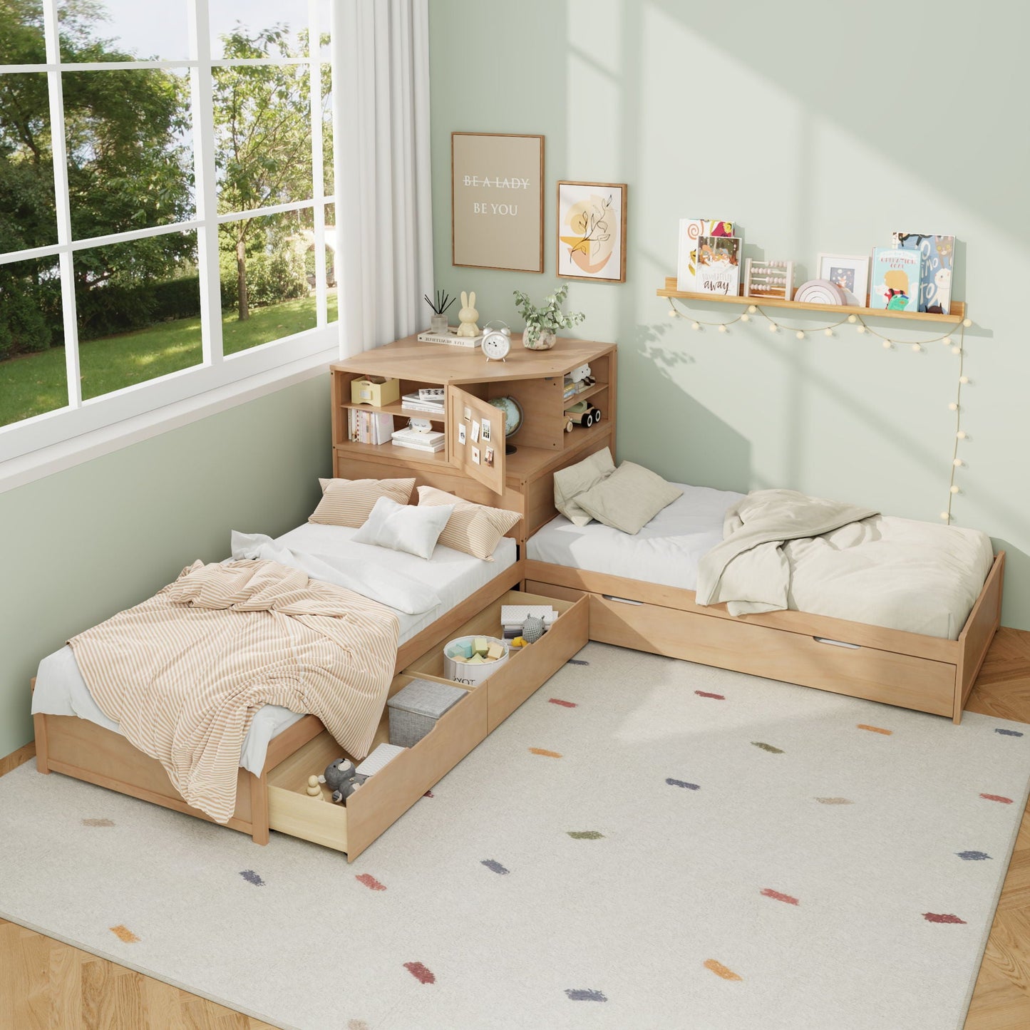 Compact L Shaped Bed Frame with Trundle and Desk