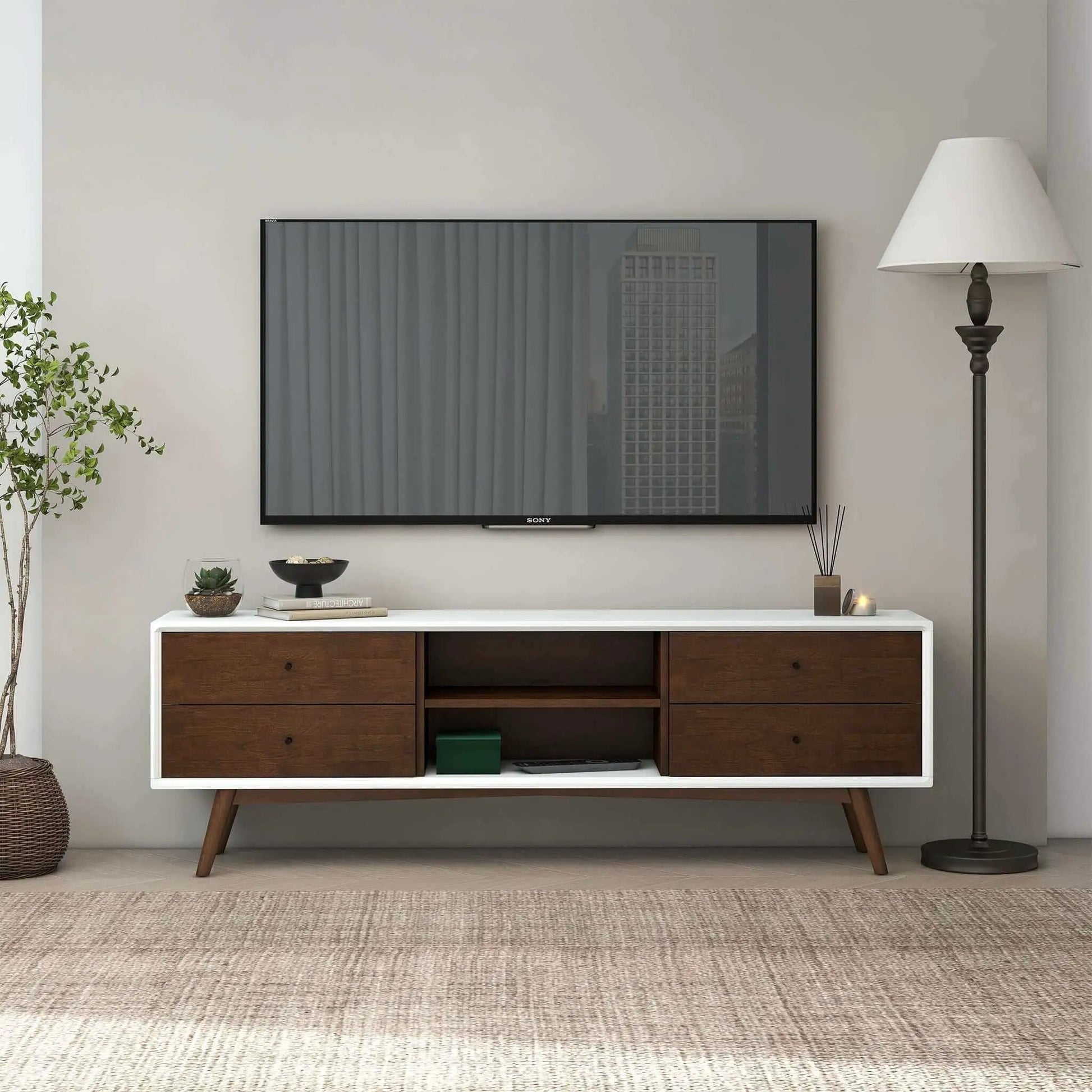 Caroline modern TV stand up to 72in, white frame with dark drawers, Sony TV, mid-century legs on Tampa Home & Garden Store