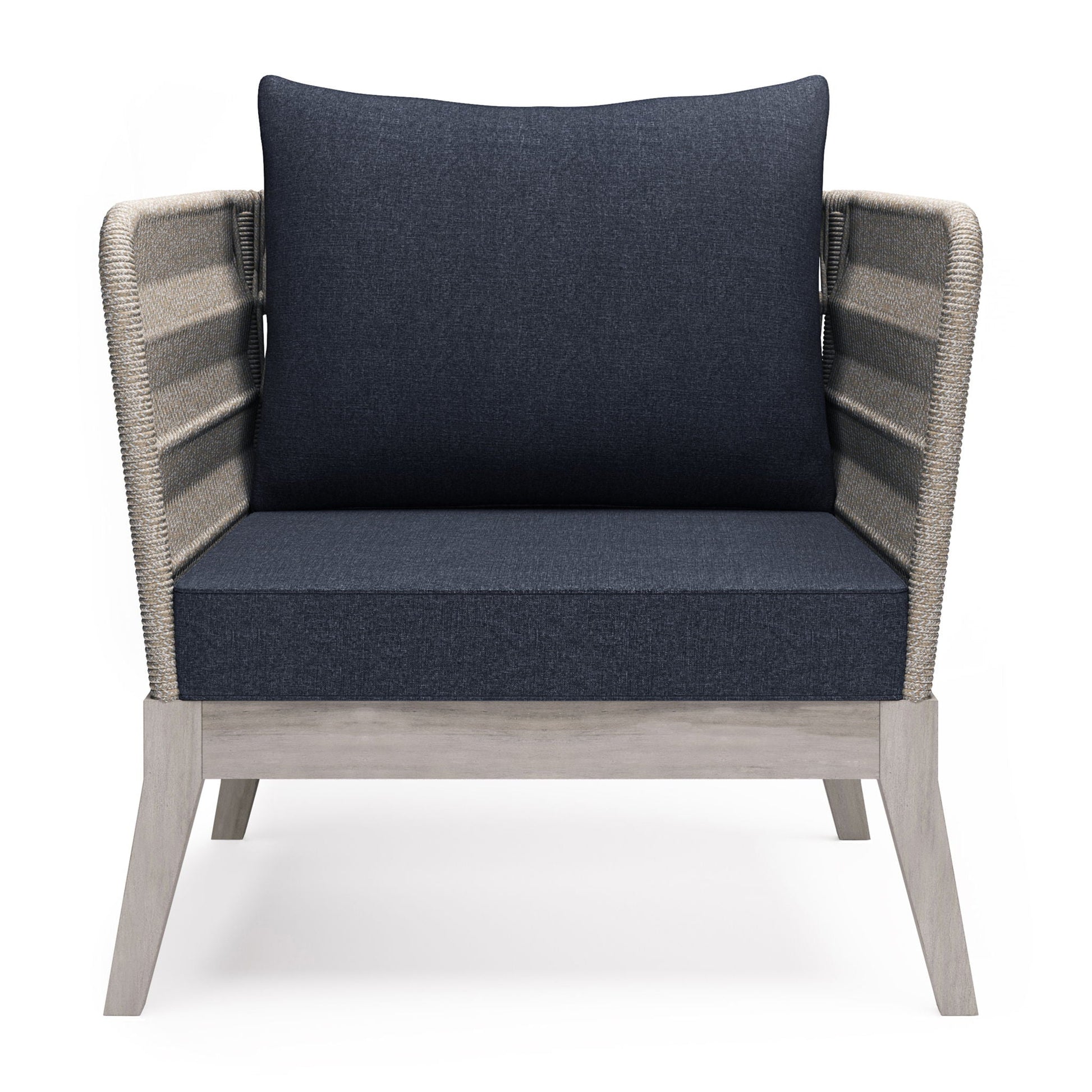 Santiago outdoor conversation chair with slate gray cushions and woven beige arms on Tampa Home & Garden Store