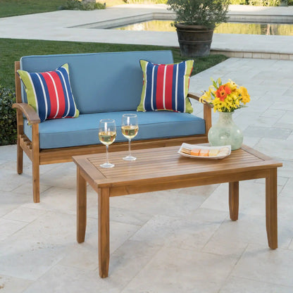 Outdoor Chat Set with Coffee Table and Loveseat, blue cushions, wooden frame HouseOfZazla on Tampa Home & Garden Store
