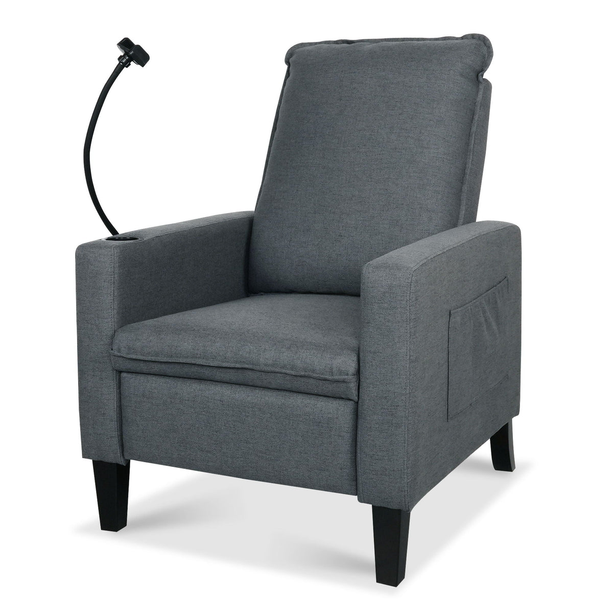 Gray fabric recliner chair with cup holder and mobile phone holder on Tampa Home & Garden Store