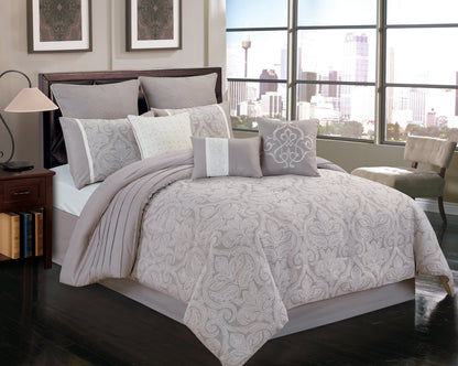 Winthrop Grey Damask Jacquard 9 Pc Comforter Set with grey shams by HouseOfZazla on Tampa Home & Garden Store