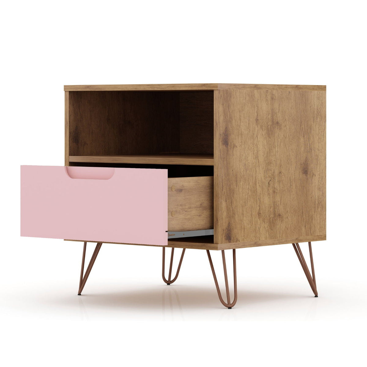 Rockefeller Nightstand with 1 Drawer and Splayed Legs in oak with pink front by HouseOfZazla on Tampa Home & Garden Store
