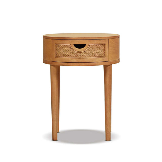 Cabana Round Cane Storage Side Table natural brown oak with woven cane drawer HouseOfZazla on Tampa Home & Garden Store