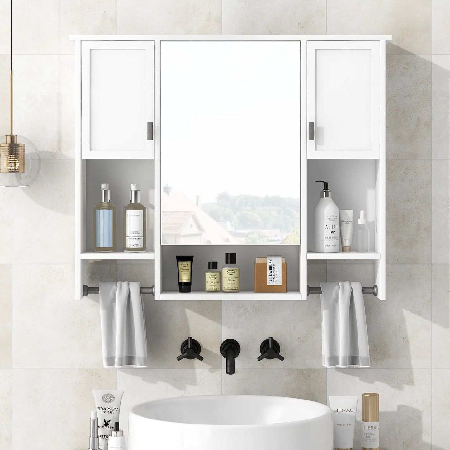 White wall-mounted medicine cabinet with mirrored doors and towel bar by Unique Piece Furniture on Tampa Home & Garden Store