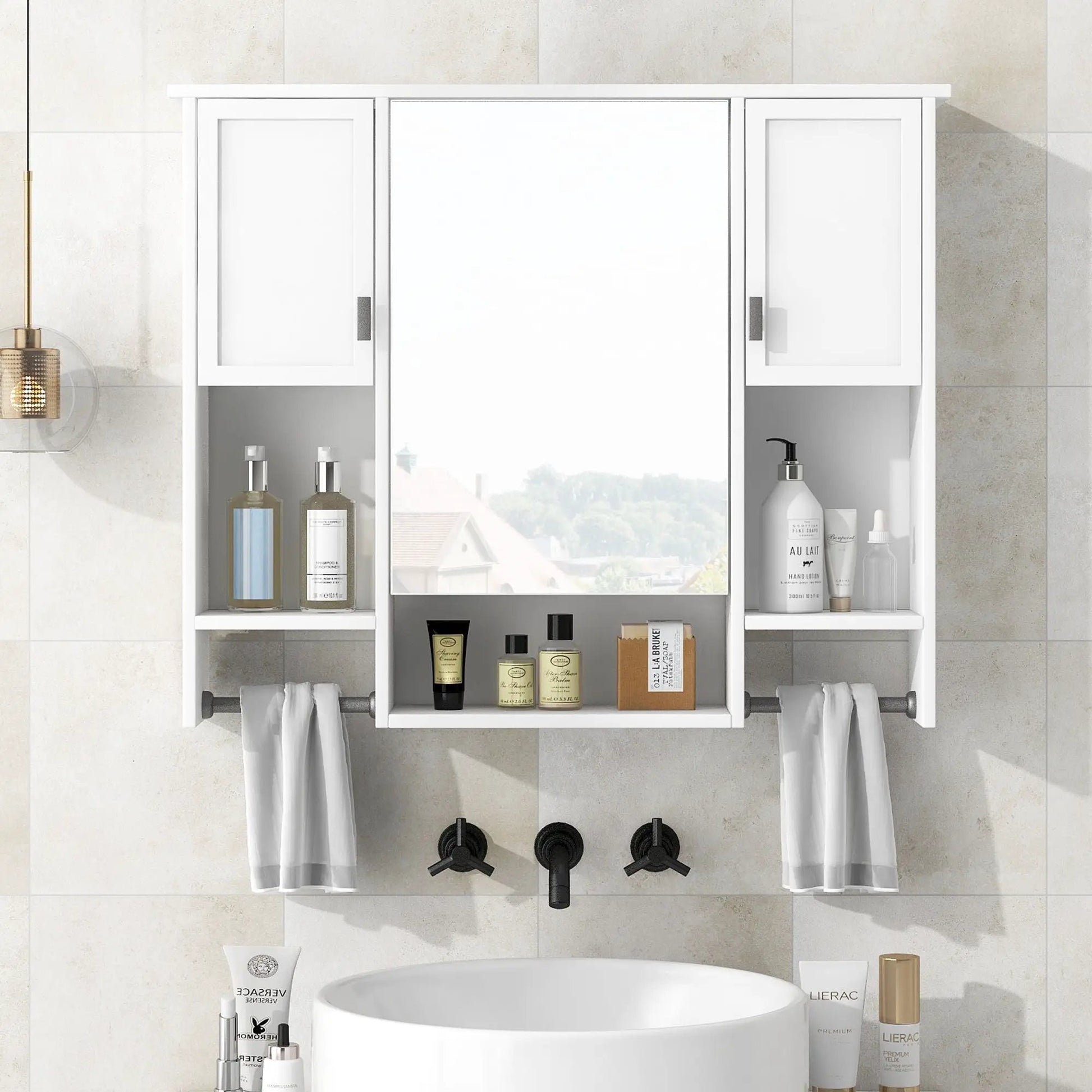 White wall-mounted medicine cabinet with mirrored doors and towel bar by Unique Piece Furniture on Tampa Home & Garden Store