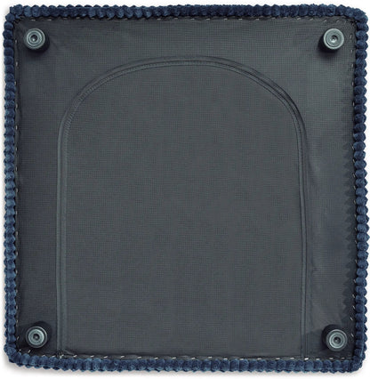 Bales Sectional bottom view in dark fabric with navy pom-pom trim and feet on Tampa Home & Garden Store