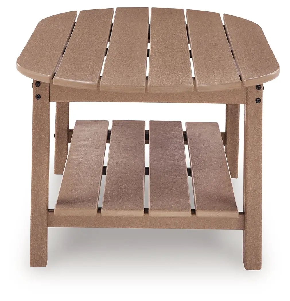 Grover Beach Oval Table coffee table with slatted top and lower shelf in brown finish on Tampa Home & Garden Store