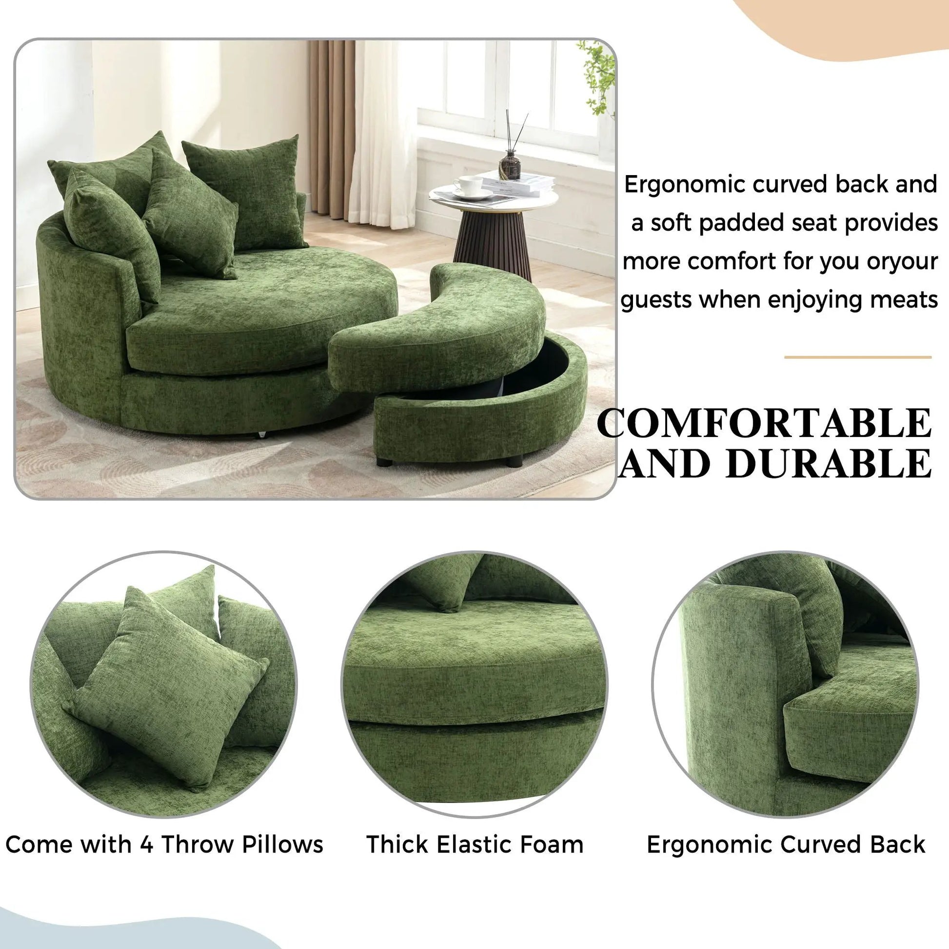 360° swivel barrel chair with storage ottoman in green velvet, comes with 4 pillows for living room on Tampa Home & Garden Store