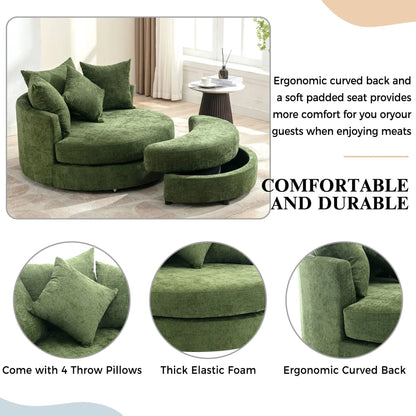 360° swivel barrel chair with storage ottoman in green velvet, comes with 4 pillows for living room on Tampa Home & Garden Store
