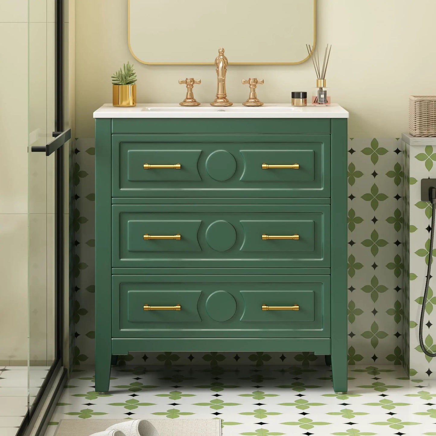 Retro green freestanding vanity with white sink countertop, gold faucet and 3 drawers on Tampa Home & Garden Store
