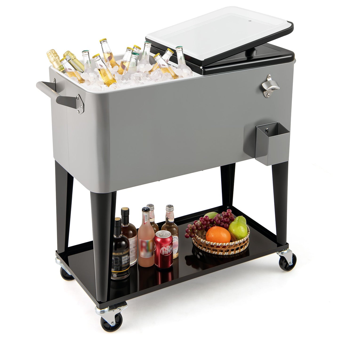 GemGear portable patio cooler with bottom shelf and bottle opener, grey metal on a black cart on Tampa Home & Garden Store