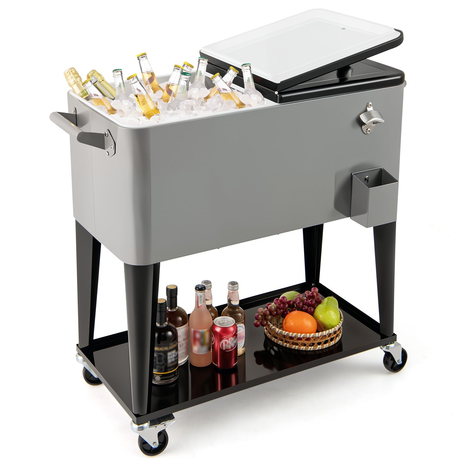 GemGear portable patio cooler with bottom shelf and bottle opener, grey metal on a black cart on Tampa Home & Garden Store