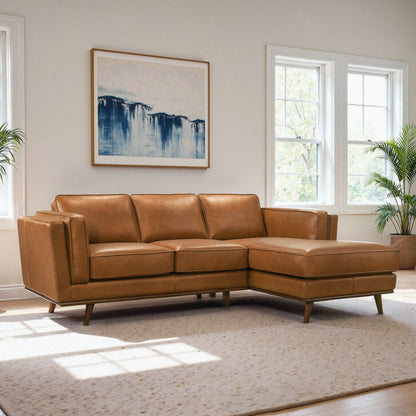 Chase sectional sofa in brown leather by HouseOfZazla with tapered wooden legs on Tampa Home & Garden Store