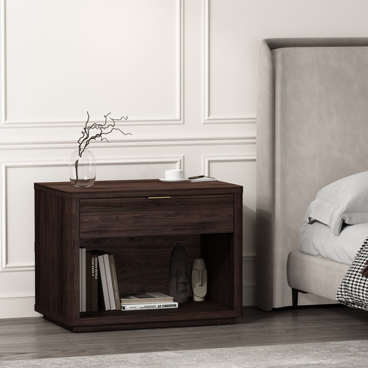 Evelyn Nightstand with 1 drawer and open shelf in dark brown wood; brass handle on Tampa Home & Garden Store