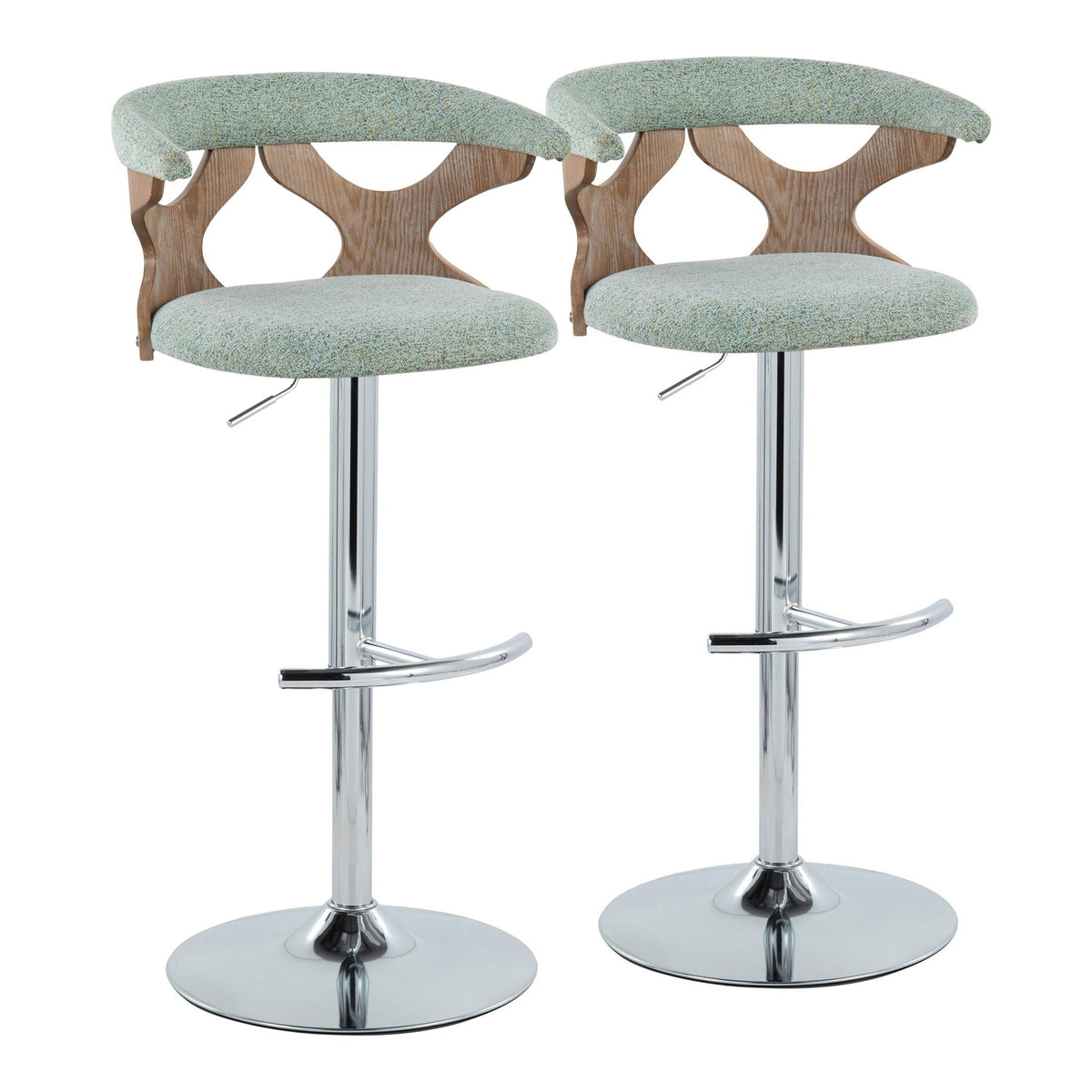 Contemporary adjustable barstool set with swivel, teal speckled fabric, wood backs, 2 stools on Tampa Home & Garden Store