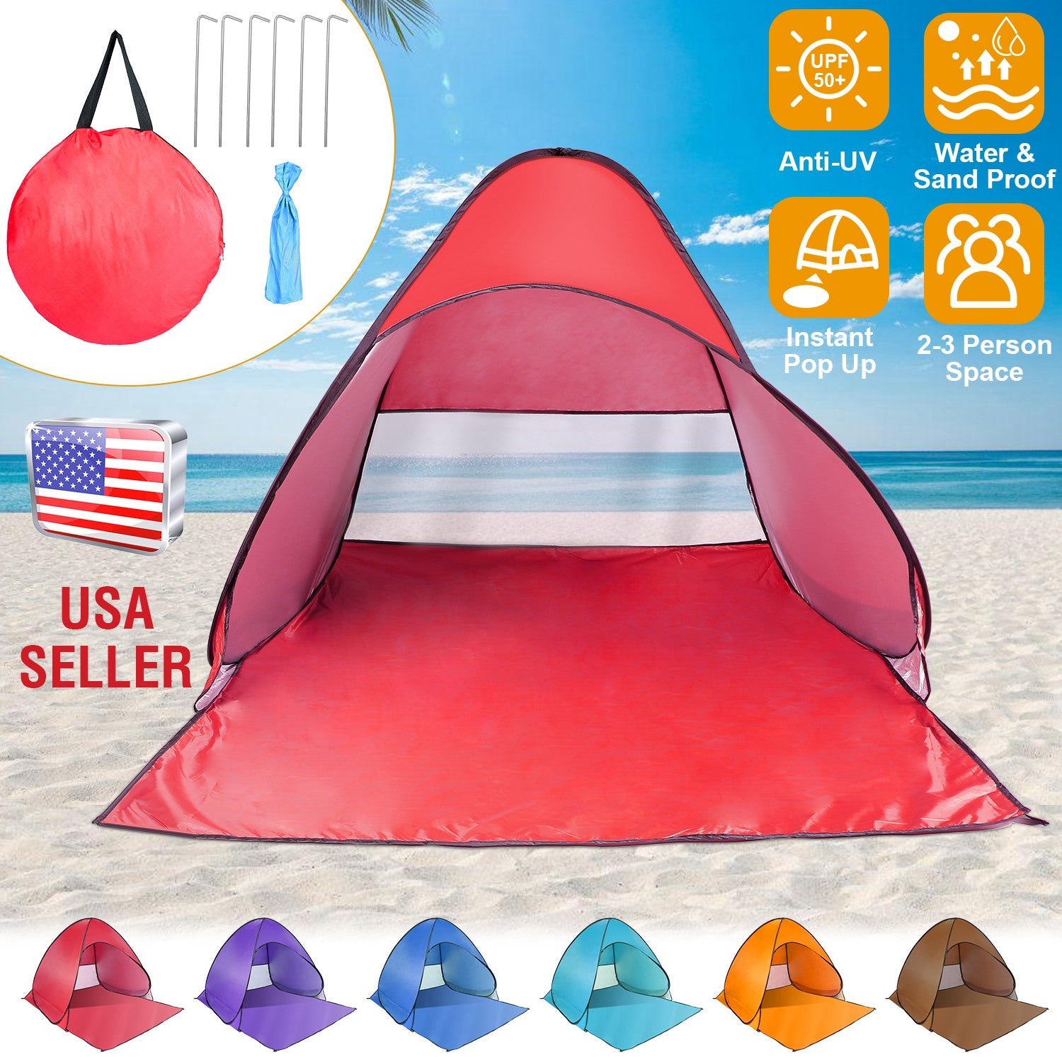 GemGear Pop Up Beach Tent red shade anti-UV UPF50+ waterproof canopy for 2-3 with net window on Tampa Home & Garden Store