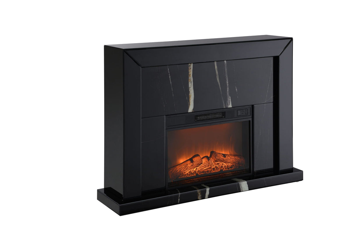 Drisana Mirrored Fireplace in black with marble-grain panels by HouseOfZazla on Tampa Home & Garden Store