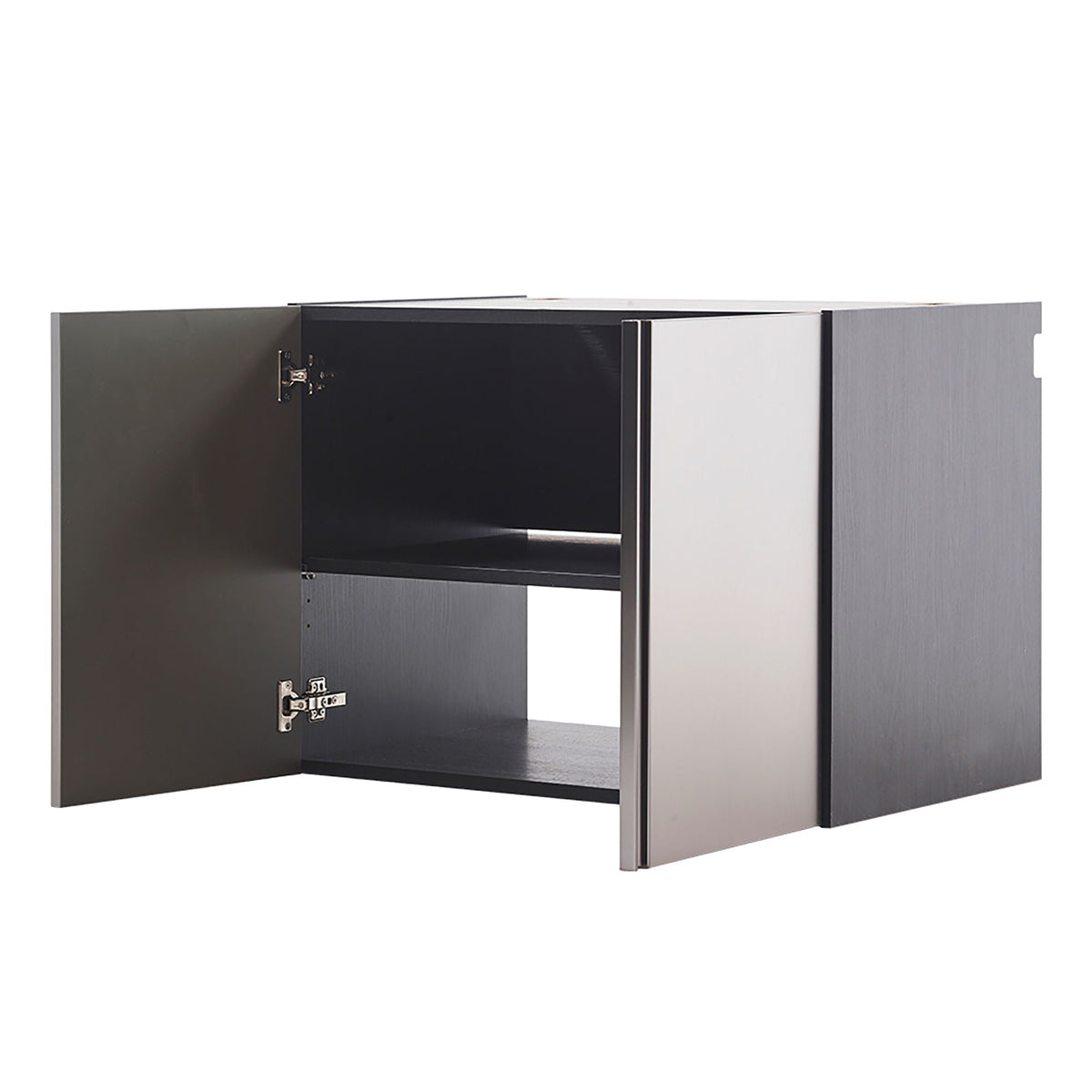 Wall mounted garage cabinet with soft-close doors in dark gray exterior, two-door unit with light interior on Tampa Home & Garden Store
