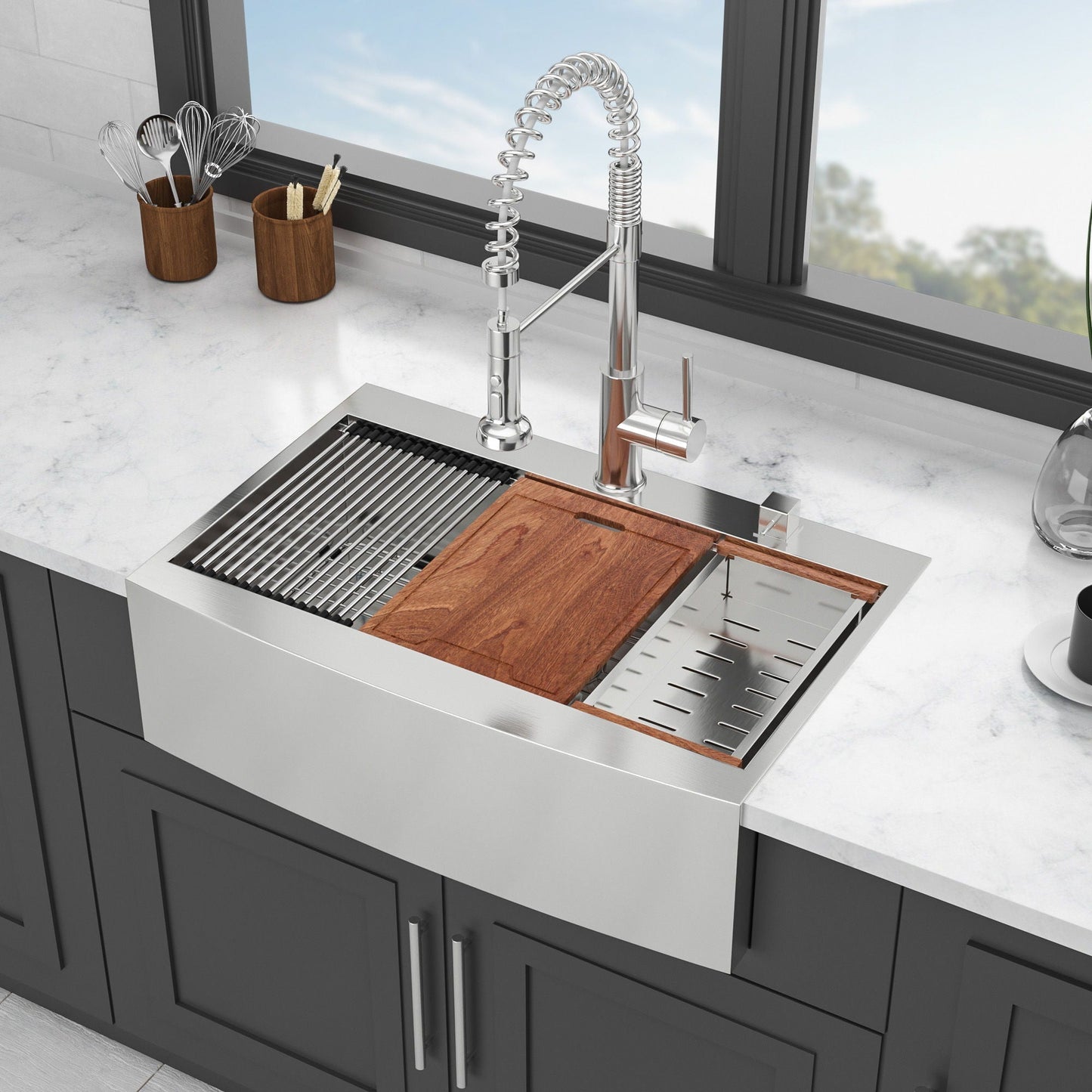 Modern Farmhouse Drop-In Workstation Kitchen Sink with Apron Front stainless steel faucet on Tampa Home & Garden Store