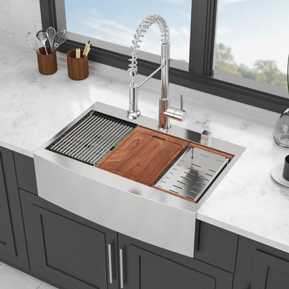 Modern Farmhouse Drop-In Workstation Kitchen Sink with Apron Front stainless steel faucet on Tampa Home & Garden Store