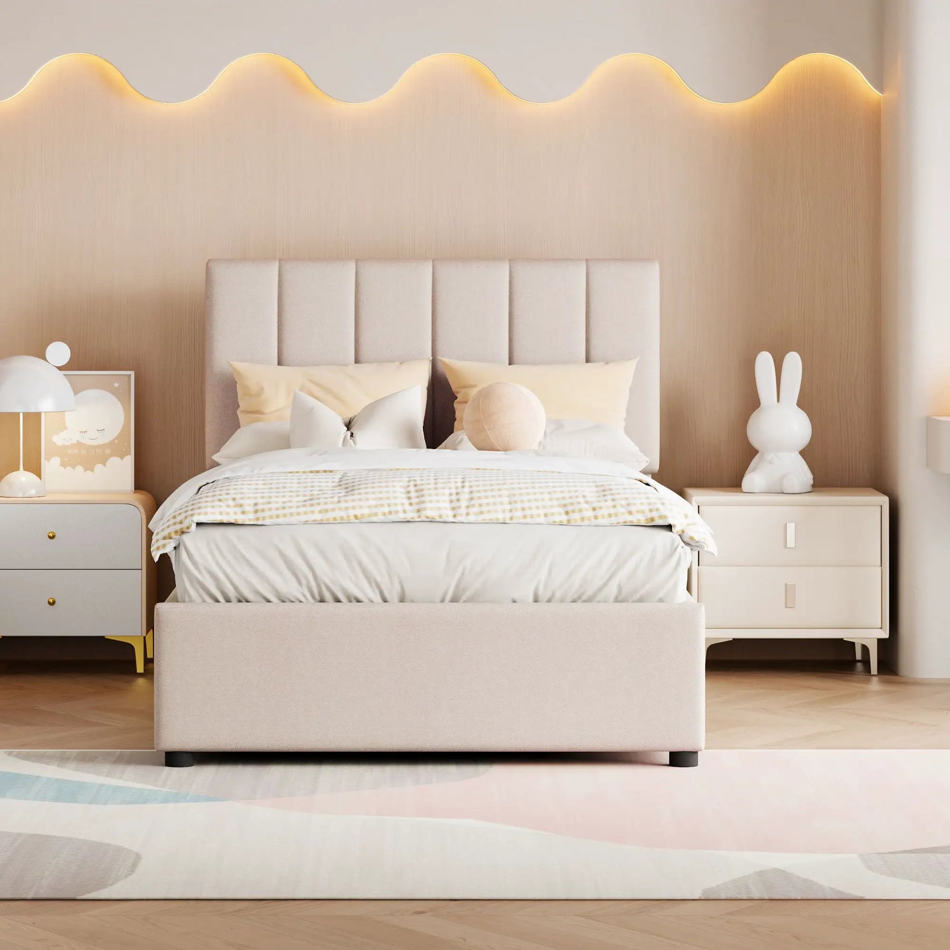 Upholstered platform bed with hydraulic storage in beige fabric by Unique Piece Furniture on Tampa Home & Garden Store