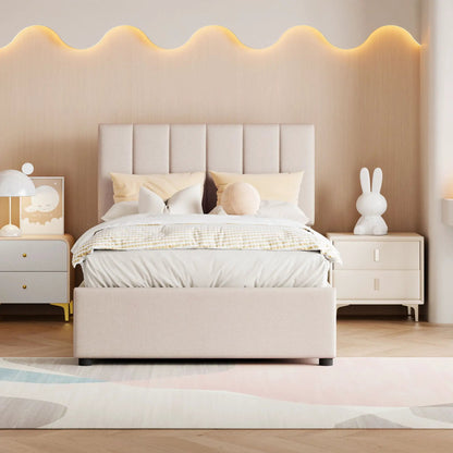 Upholstered platform bed with hydraulic storage in beige fabric by Unique Piece Furniture on Tampa Home & Garden Store