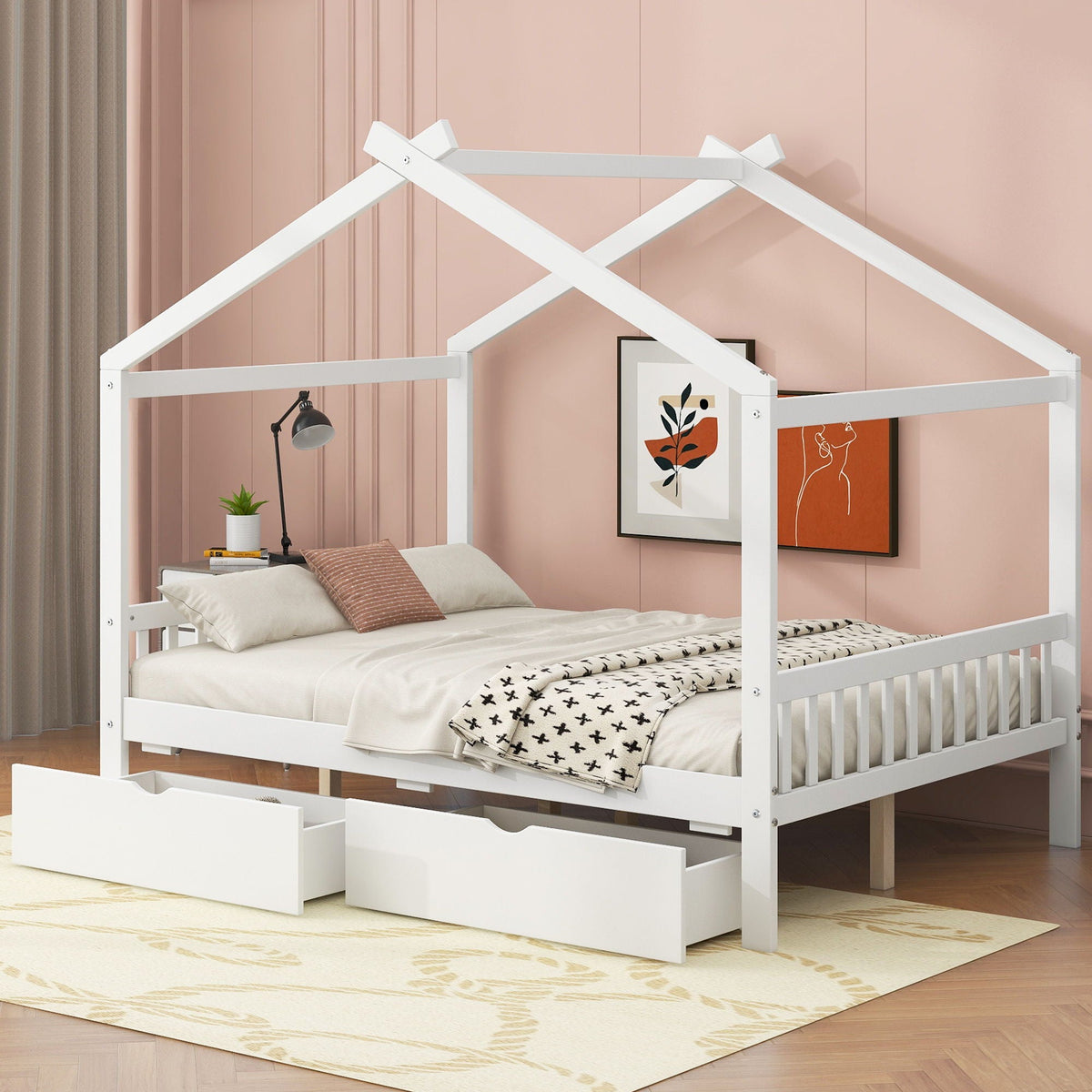 House Style Platform Bed with Roof Design, white bed with headboard and 2 drawers on Tampa Home & Garden Store