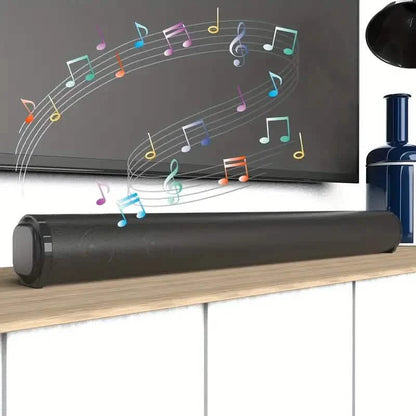 4D Surround wireless soundbar by DailySale with USB, slim bar on wood shelf before a TV on Tampa Home & Garden Store