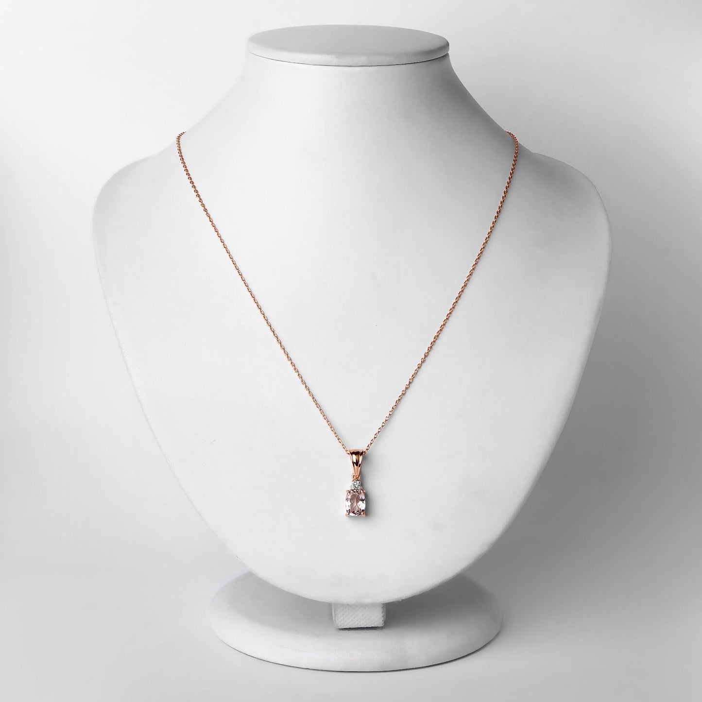 Rose gold pendant necklace with pink Morganite and white topaz set on a delicate chain on Tampa Home & Garden Store