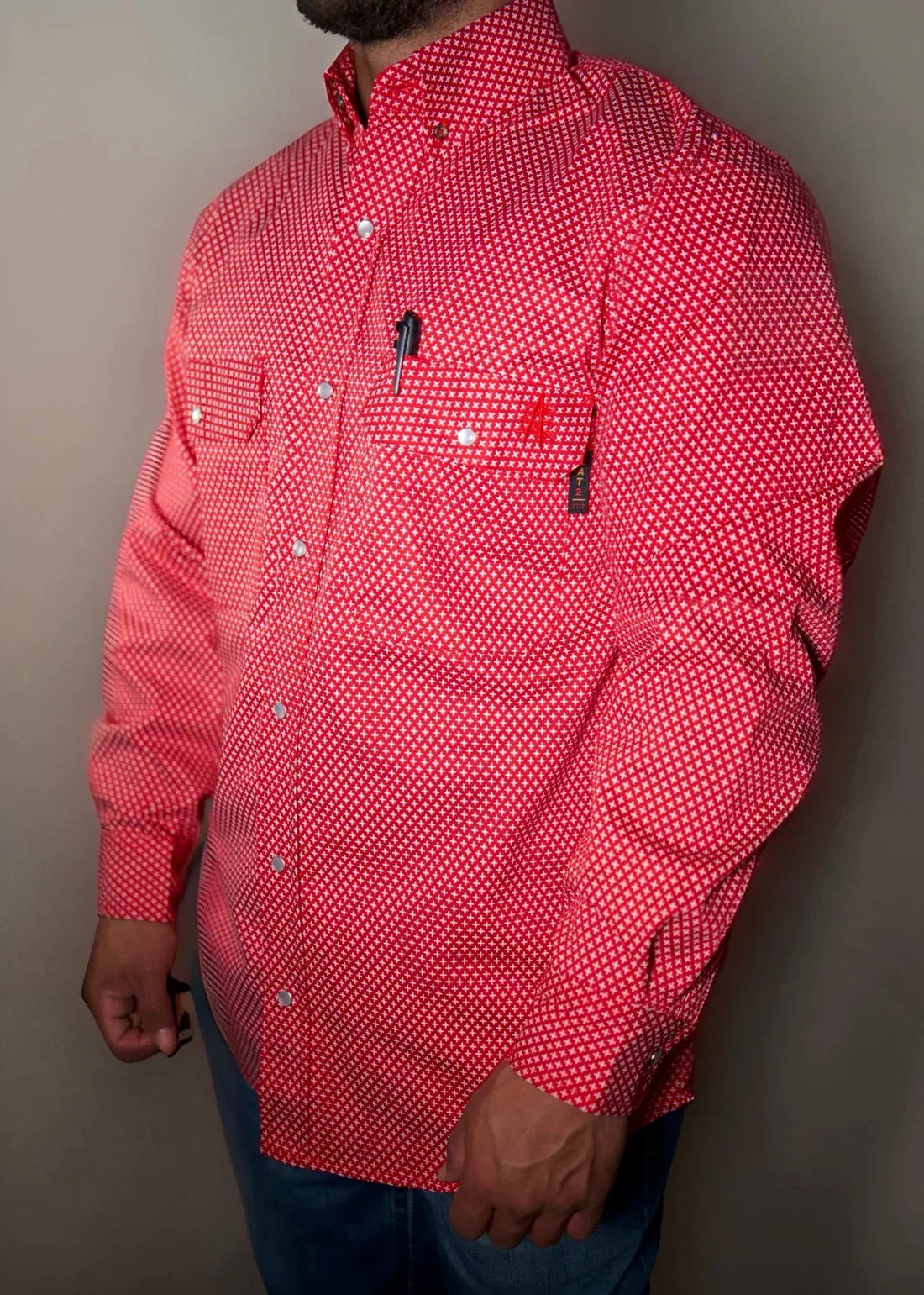 Static FR Pearl Snap Work shirt Alpha Red, red flame-resistant work shirt with pearl snaps on Tampa Home & Garden Store