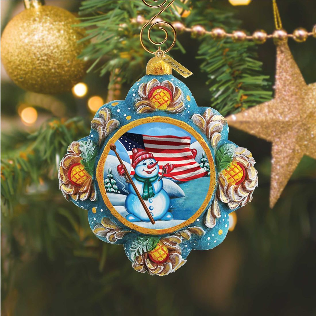 Patriotic Snowman Sculpted Ornament by G.DeBrekht, blue ornate frame on Tampa Home & Garden Store