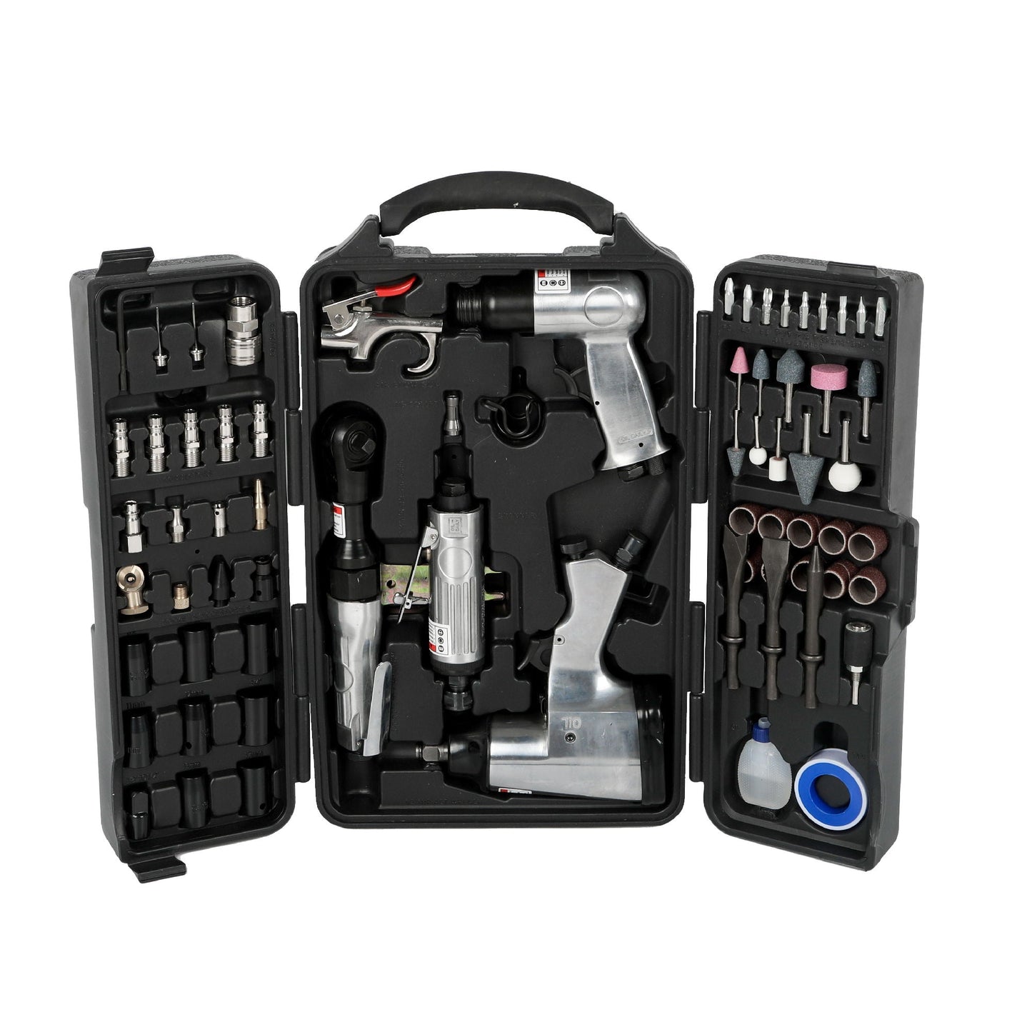 71-piece air tool kit case in black/silver with impact wrench, air ratchet and die grinder on Tampa Home & Garden Store