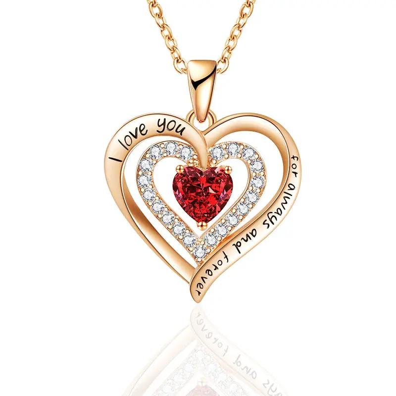 Rose gold heart pendant necklace with red crystal center and halo, I love you on Tampa Home & Garden Store