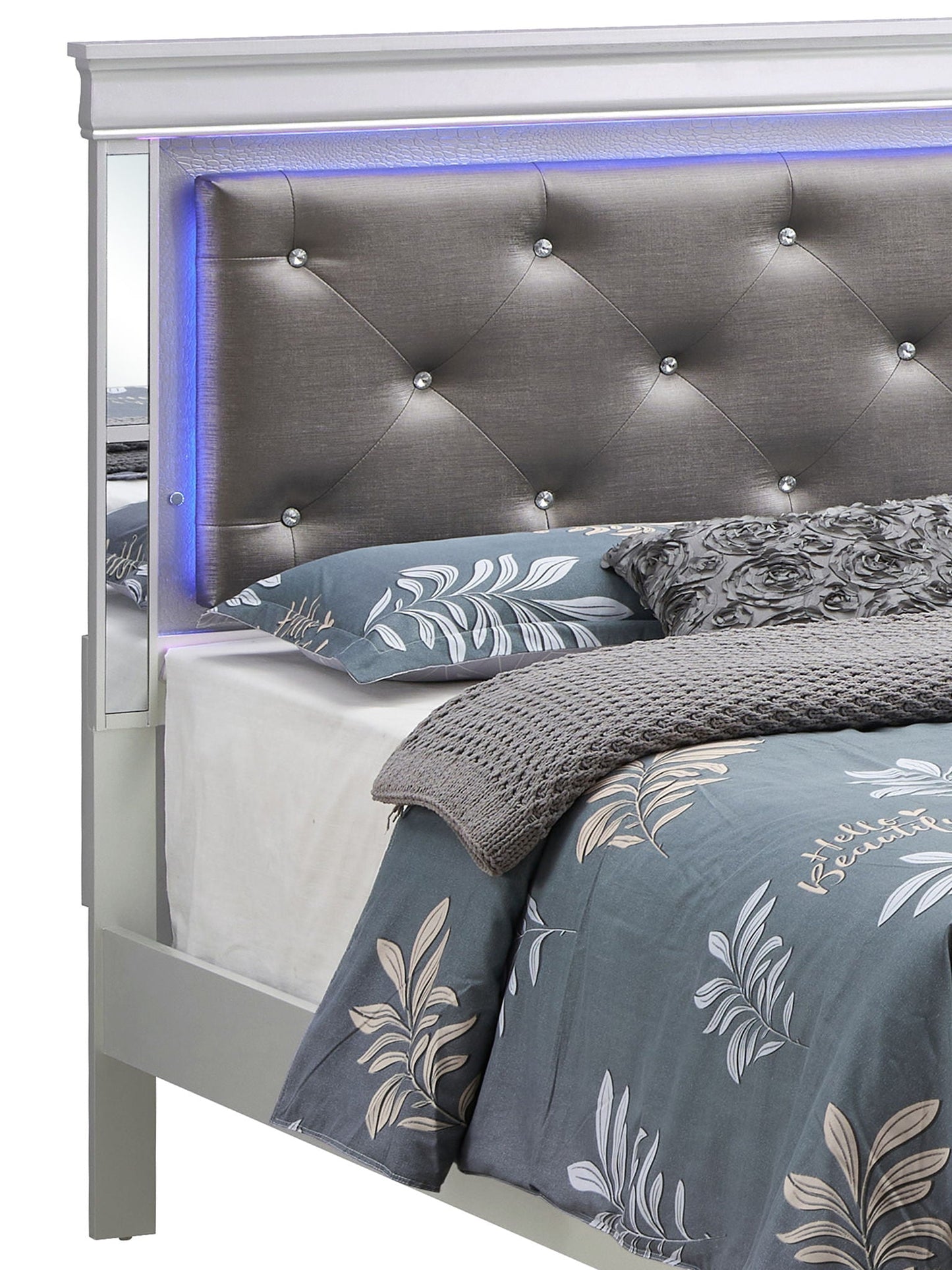 Bed with LED light accents headboard, silver-gray tufted upholstery HouseOfZazla on Tampa Home & Garden Store