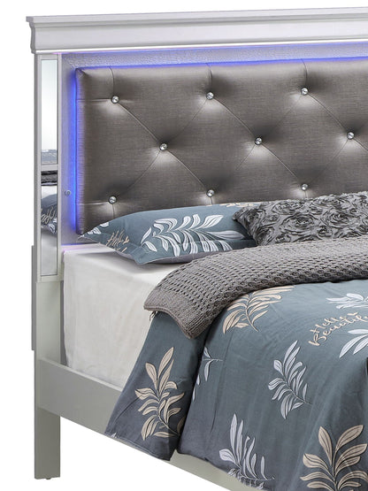 Bed with LED light accents headboard, silver-gray tufted upholstery HouseOfZazla on Tampa Home & Garden Store