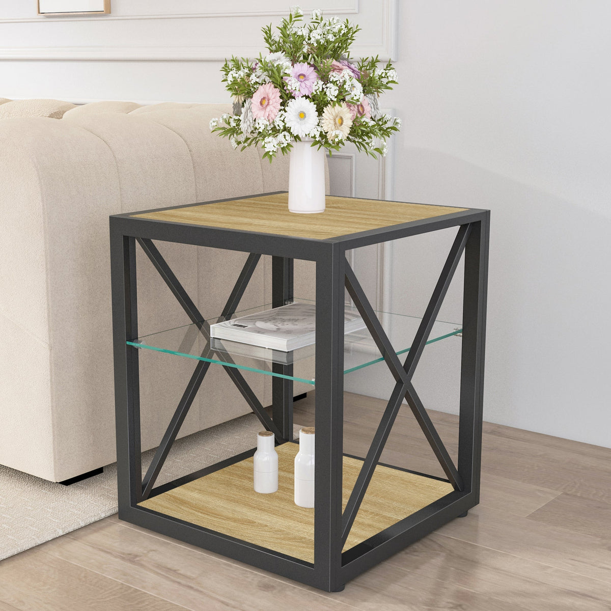 1 Piece Modern End Table Nightstand with wood top, black metal frame, glass shelf on Tampa Home & Garden Store