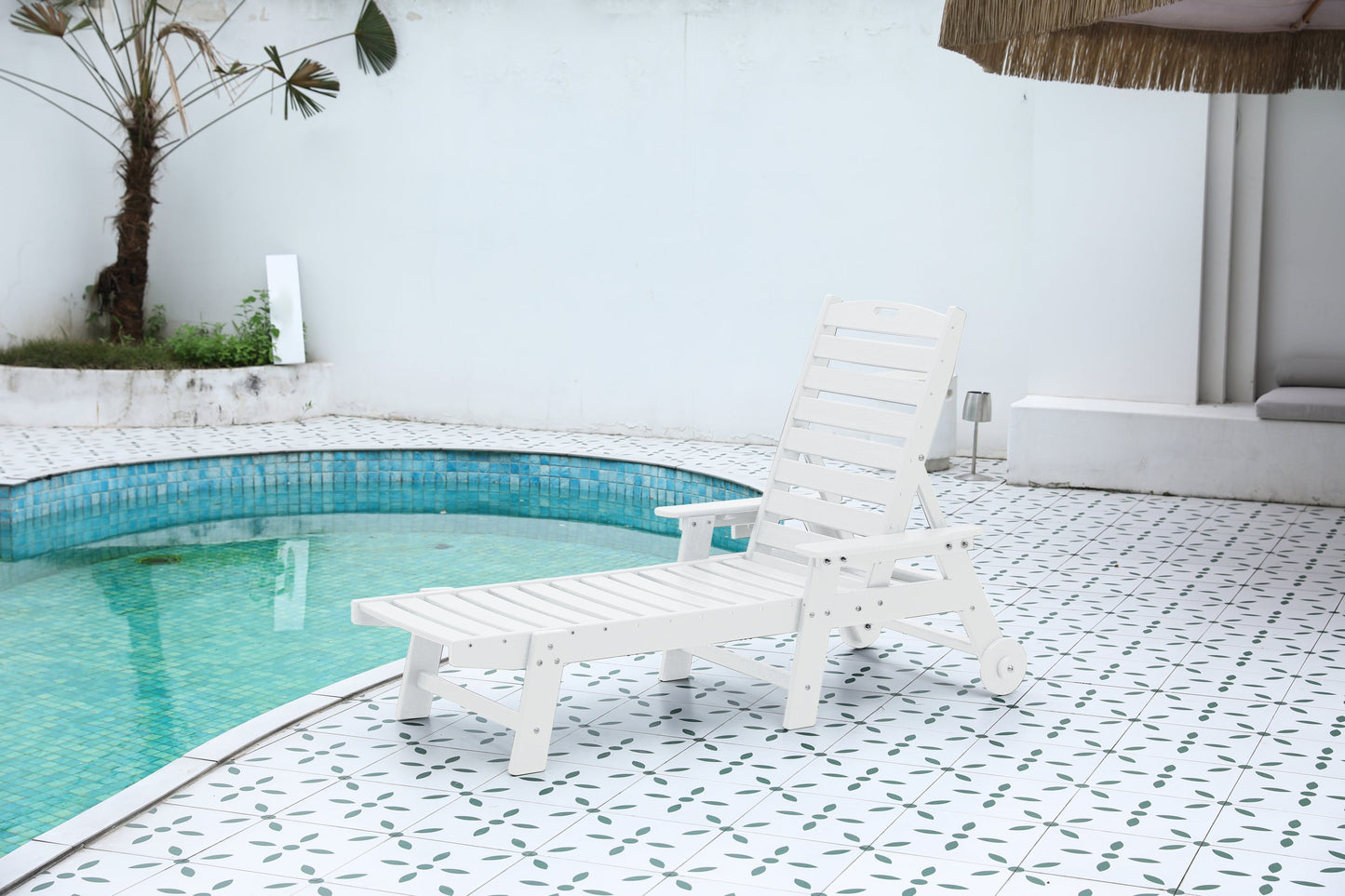 Outdoor chaise lounge in white wood-textured HDPE with adjustable backrest by HouseOfZazla on Tampa Home & Garden Store
