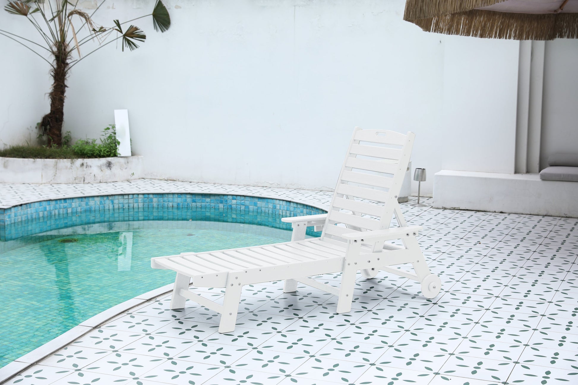 Outdoor chaise lounge in white wood-textured HDPE with adjustable backrest by HouseOfZazla on Tampa Home & Garden Store