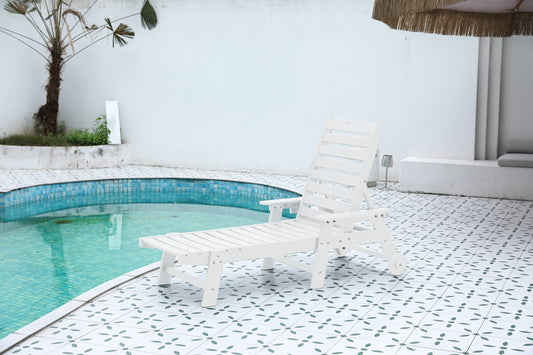 Outdoor chaise lounge in white wood-textured HDPE with adjustable backrest by HouseOfZazla on Tampa Home & Garden Store