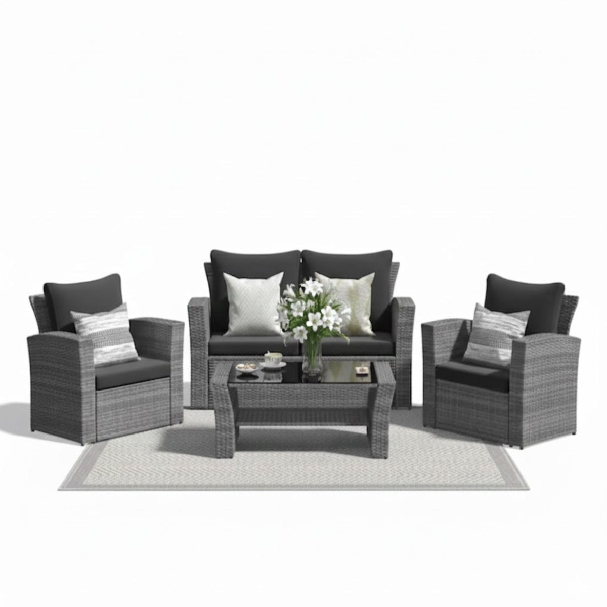 Modern Patio Set with Cushions by HouseOfZazla, dark gray cushions, wicker 4pc outdoor furniture set on Tampa Home & Garden Store