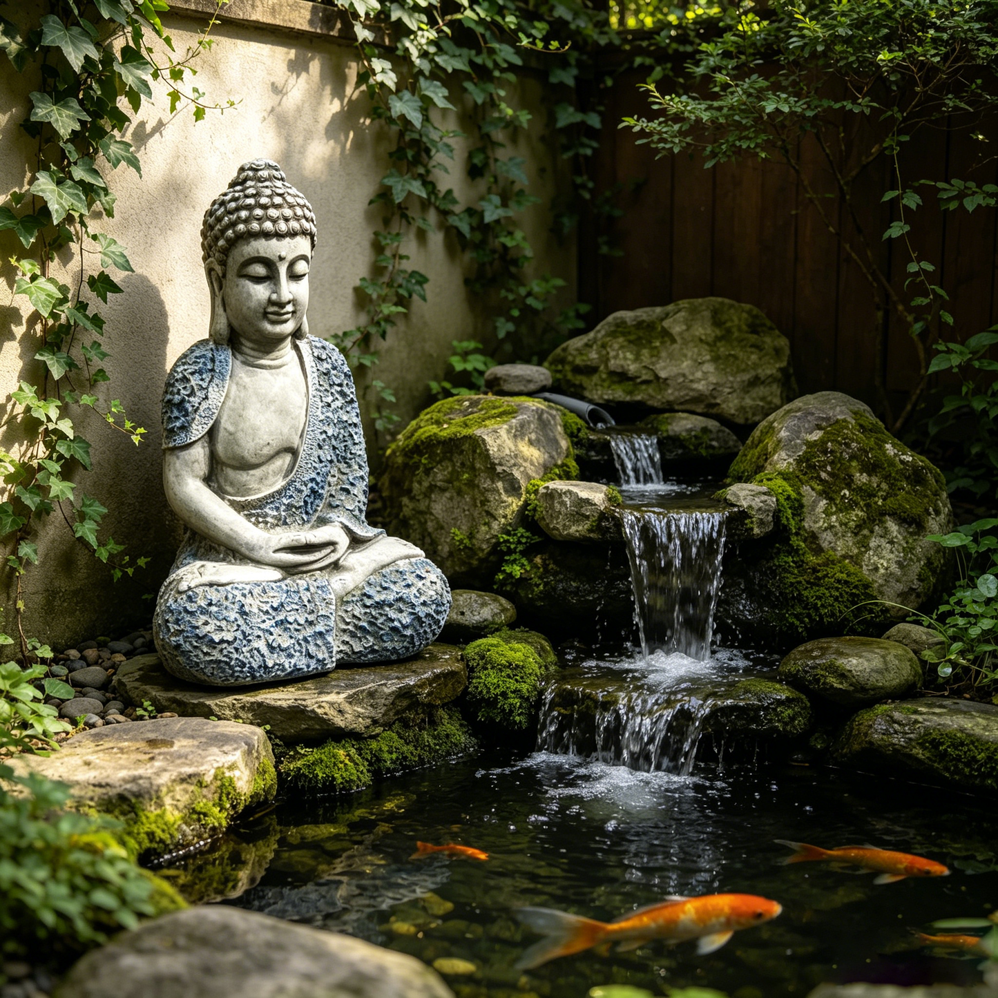 16'' Weatherproof Resin Buddha Garden Statue HouseOfZazla, gray seated Buddha beside koi pond on Tampa Home & Garden Store