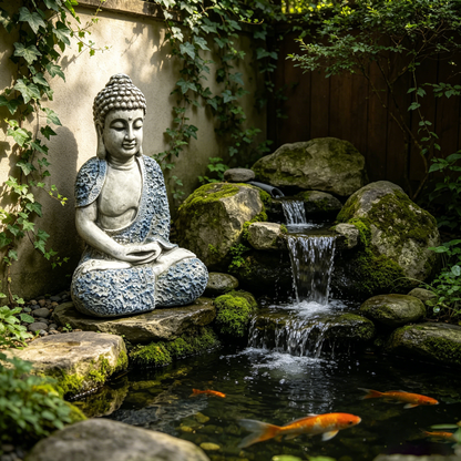 16'' Weatherproof Resin Buddha Garden Statue HouseOfZazla, gray seated Buddha beside koi pond on Tampa Home & Garden Store