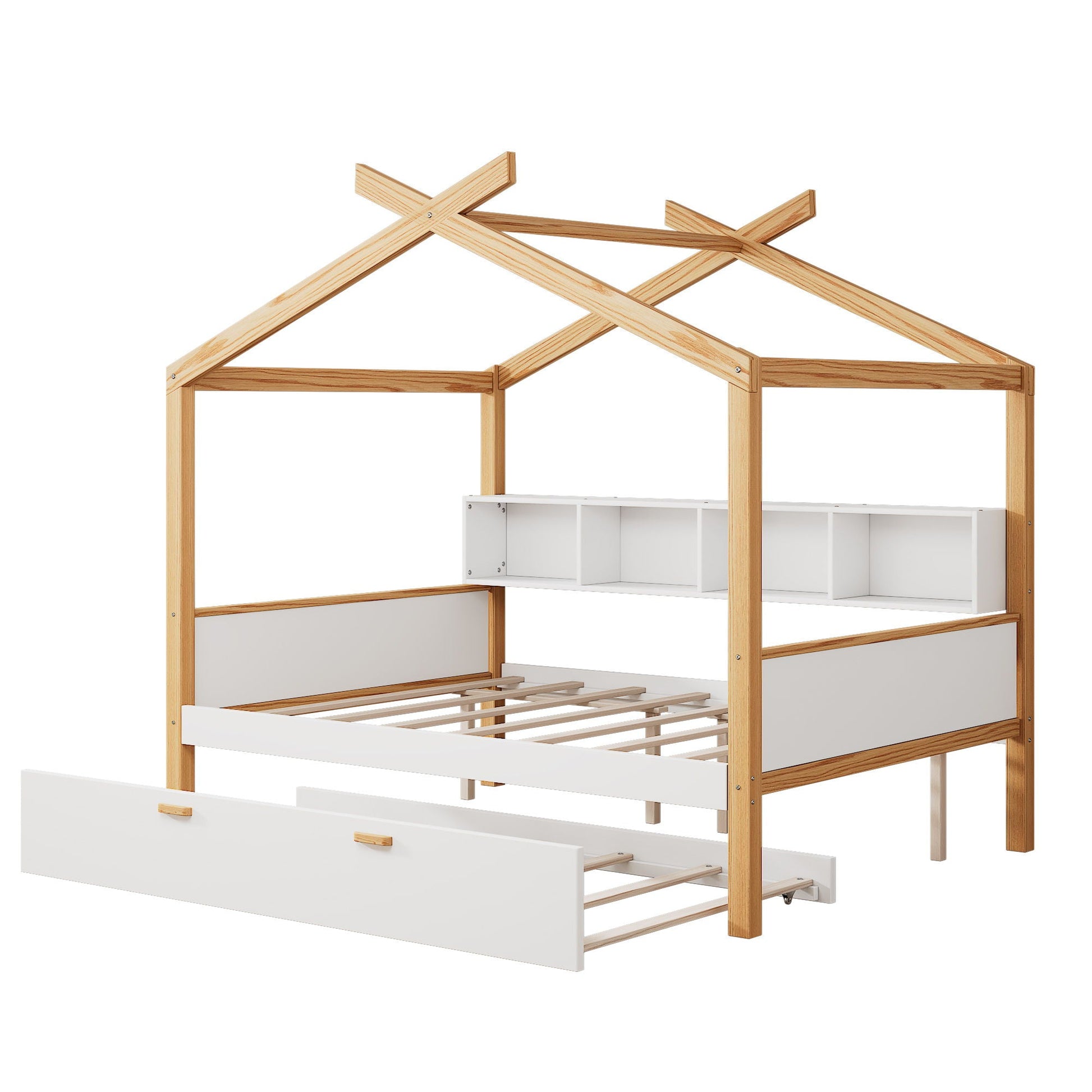House Bed with Bookshelf Storage, natural wood frame with white storage drawers on Tampa Home & Garden Store