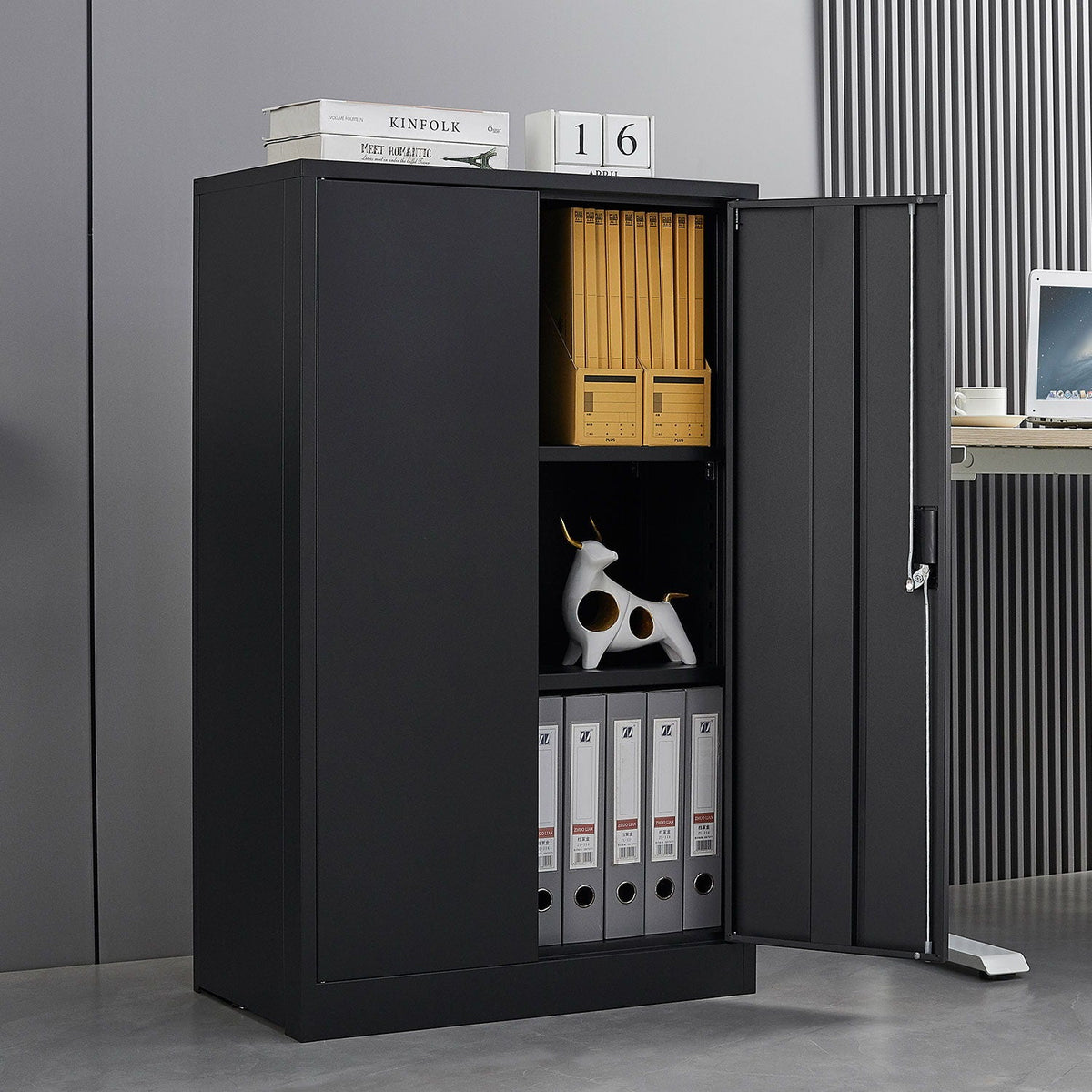 Metal storage cabinet by HouseOfZazla, black with locking doors and adjustable shelf; folders on Tampa Home & Garden Store